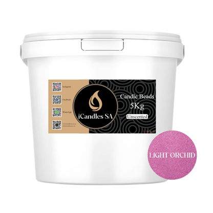 White bucket labeled 'Candle Beads 5Kg Unscented' by iCandles SA with a light orchid color swatch on a white background.