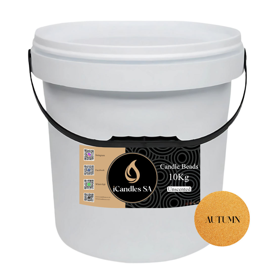 White bucket labeled 'Candle Beads 10Kg Unscented' with an Autumn color swatch on a white background.