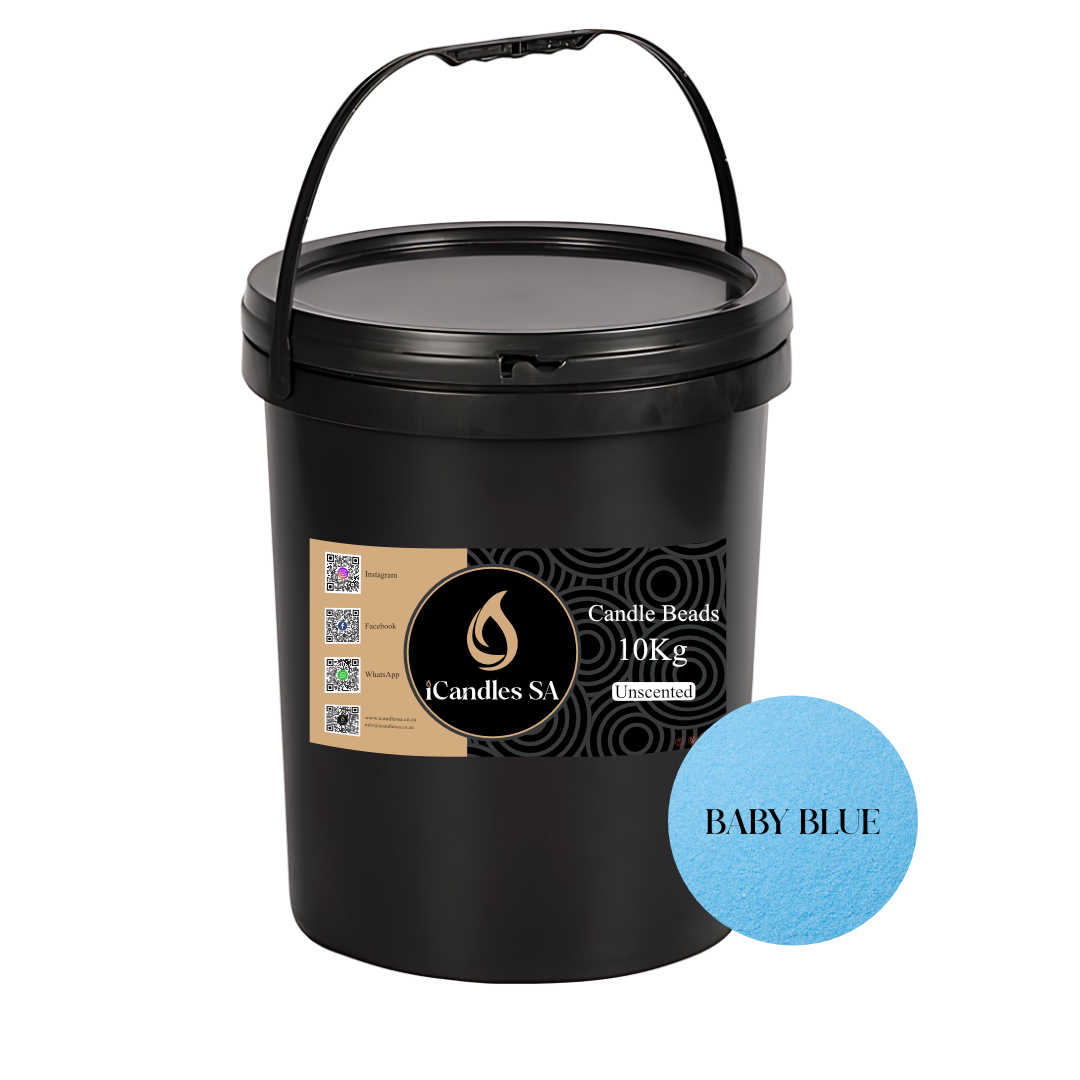 Black bucket labeled 'Candle Beads' with a 'Baby Blue' color swatch on a white background