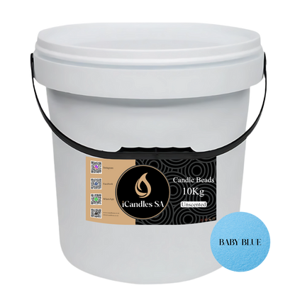 White bucket labeled 'Candle Beads 10Kg Unscented' with a 'Baby Blue' color swatch on a white background