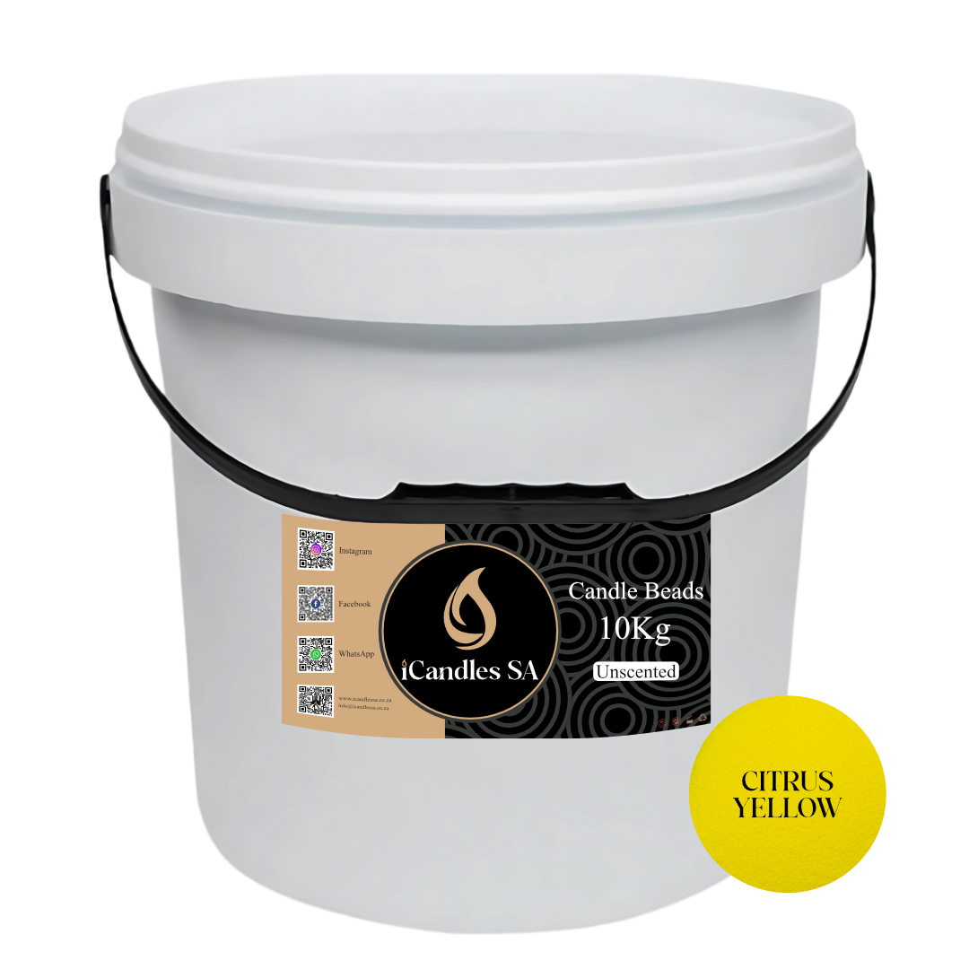 White bucket labeled 'Candle Beads 10Kg Unscented' with a citrus yellow label on a white background