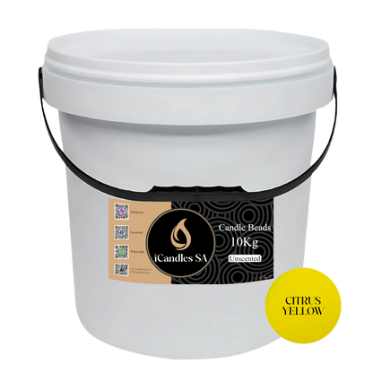 White bucket labeled 'Candle Beads 10Kg Unscented' with a citrus yellow label on a white background