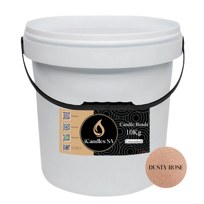 White bucket labeled 'Candle Beads 10Kg Unscented' with a 'Dusty Rose' color swatch on a white background