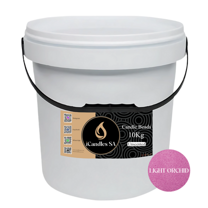 White bucket labeled 'Candle Beads 10Kg Unscented' with a light orchid color swatch on a white background