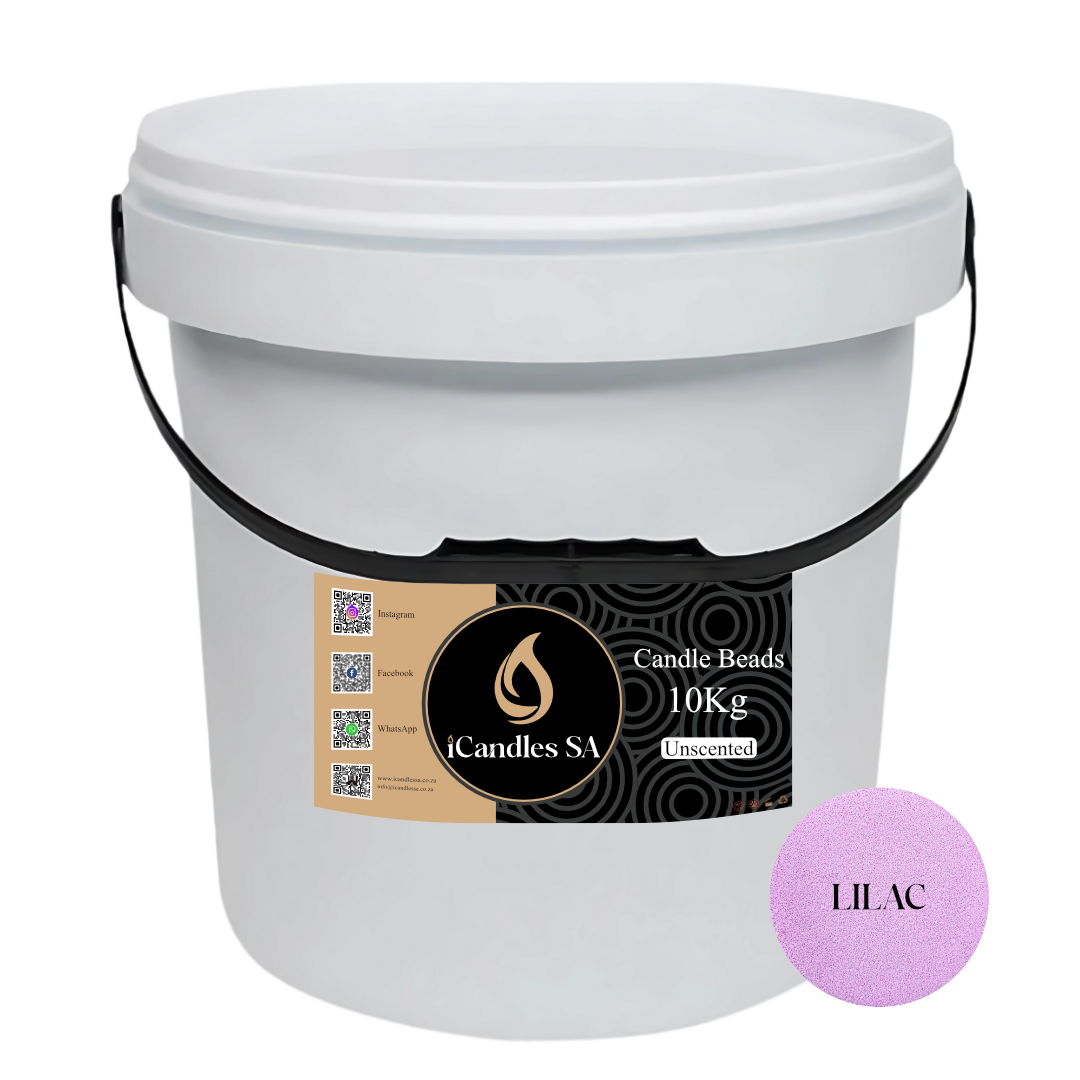White bucket labeled 'Candle Beads 10Kg Unscented' by Candles SA with a Lila color swatch on a white background.