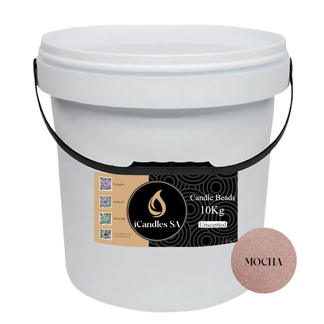 White bucket labeled 'Candle Beads 10Kg Unscented' with a Mocha color swatch on a white background