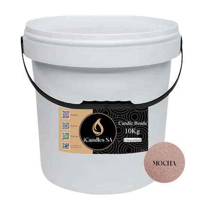 White bucket labeled 'Candle Beads 10Kg Unscented' with a Mocha color swatch on a white background