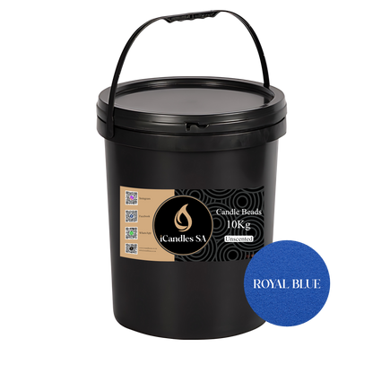 Black bucket labeled 'Candle Beads 10Kg' with a blue circle indicating 'Royal Blue'.