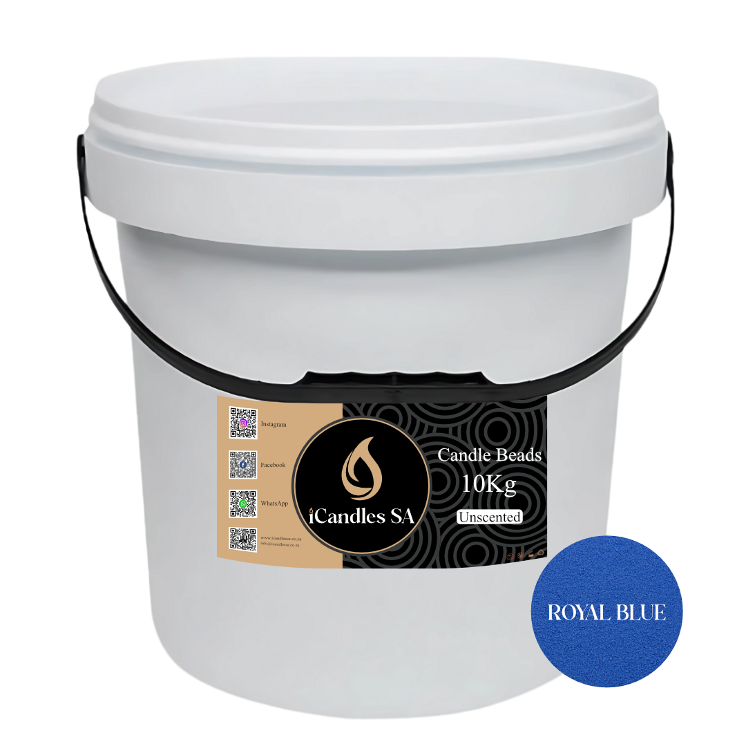 White bucket labeled 'Candle Beads 10Kg Unscented' by Candles SA with a royal blue label on a white background.