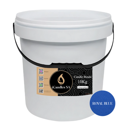 White bucket labeled 'Candle Beads 10Kg Unscented' by Candles SA with a royal blue label on a white background.