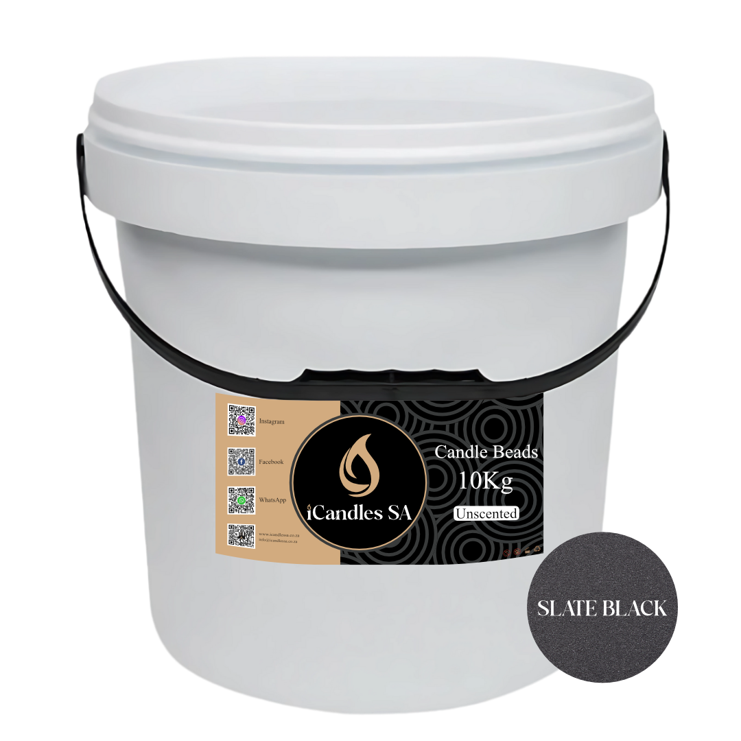White bucket labeled 'Candle Beads 10Kg Unscented' by Candles SA with a slate black color swatch on a white background.