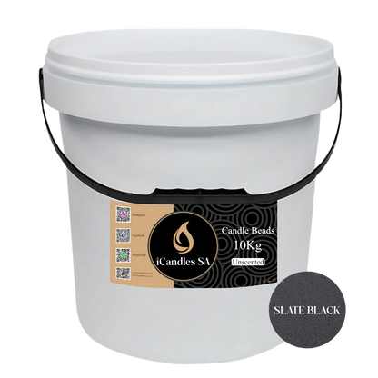 White bucket labeled 'Candle Beads 10Kg Unscented' by Candles SA with a slate black color swatch on a white background.