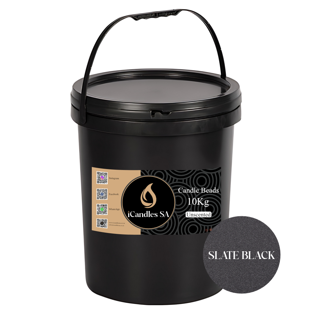 Black bucket with a label for Candle Beads and a sample of slate black colour swatch.