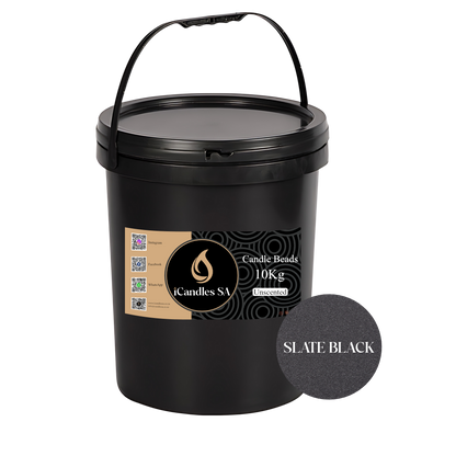 Black bucket with a label for Candle Beads and a sample of slate black colour swatch.