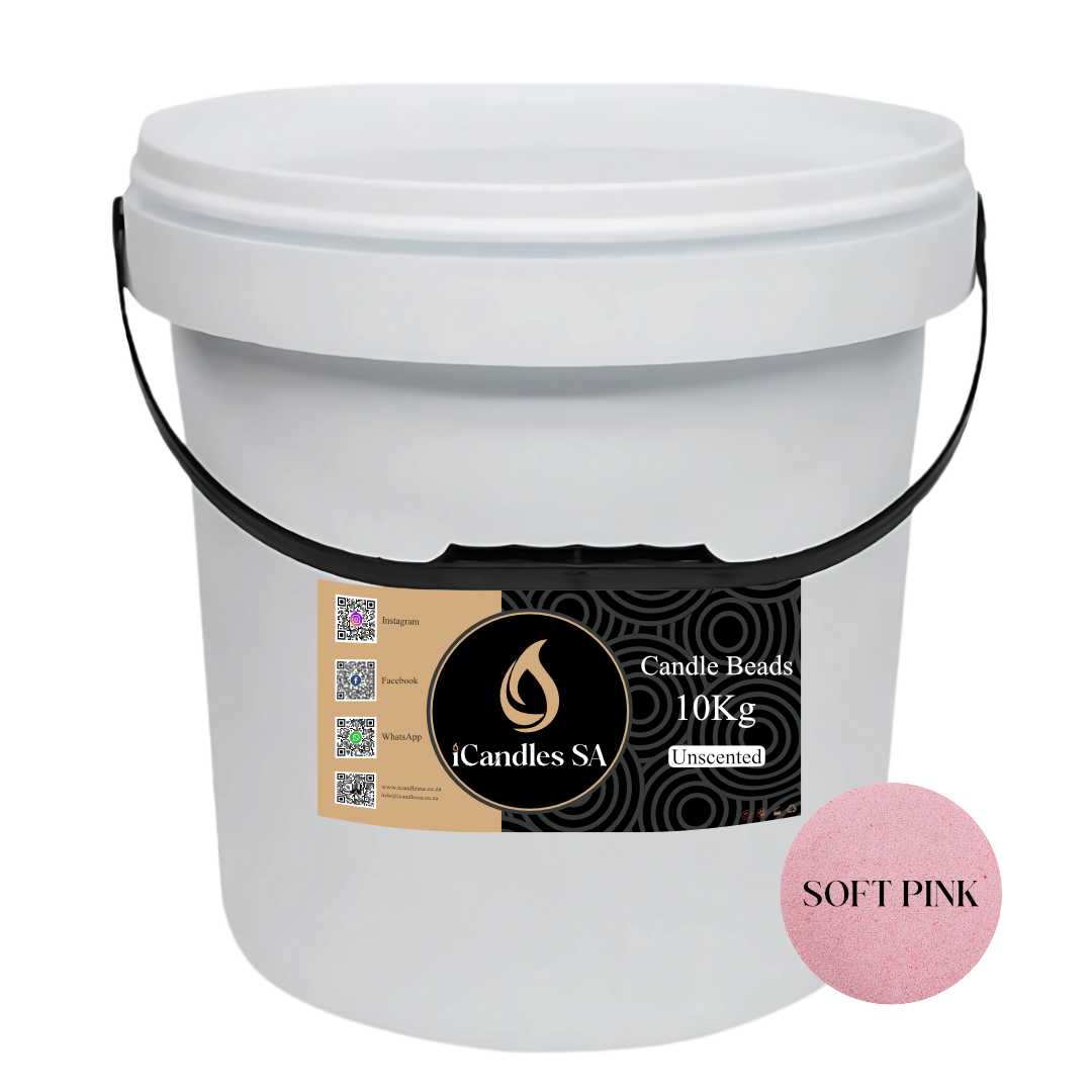 White bucket labeled 'Candle Beads 10Kg Unscented' with a Soft Pink color swatch on a white background