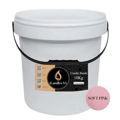 White bucket labeled 'Candle Beads 10Kg Unscented' with a Soft Pink color swatch on a white background