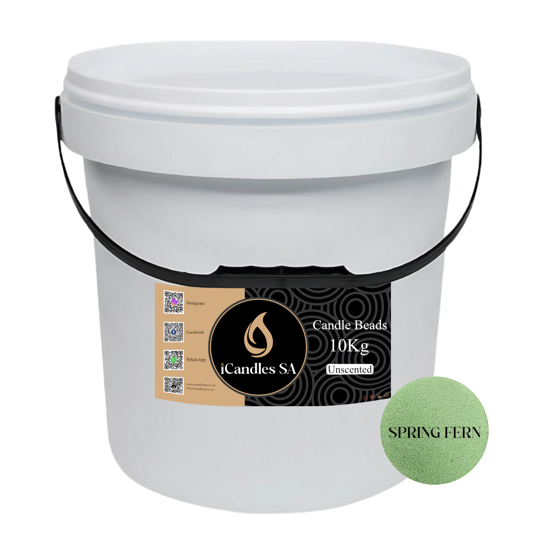 White bucket labeled 'Candle Beads 10Kg Unscented Spring Fern' by Candles SA on a white background.