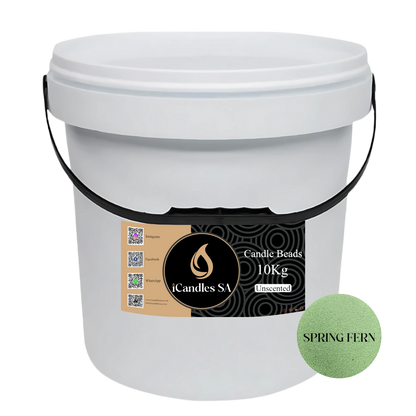 White bucket labeled 'Candle Beads 10Kg Unscented Spring Fern' by Candles SA on a white background.