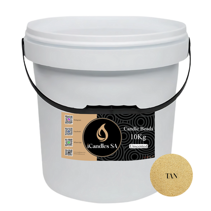 White bucket labeled 'Candle Beads 10Kg Unscented' with a tan label on a white background