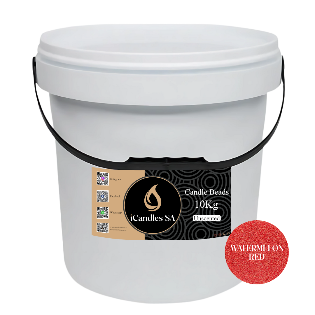 White bucket labeled 'Candle Beads 10Kg Unscented' with a Watermelon Red color swatch on a white background.