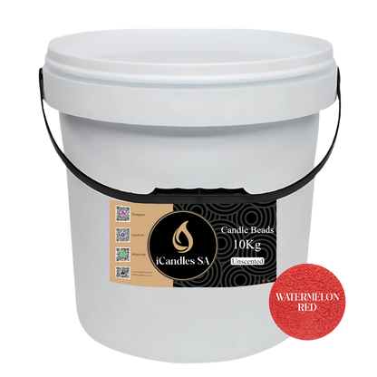 White bucket labeled 'Candle Beads 10Kg Unscented' with a Watermelon Red color swatch on a white background.