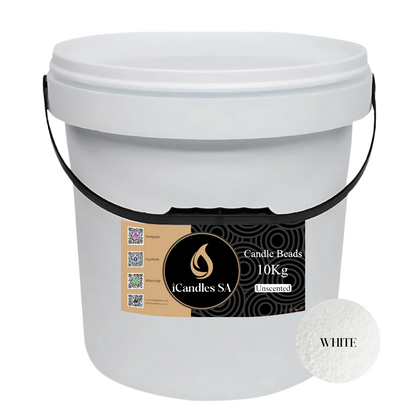 White bucket labeled 'Candle Beads 10Kg Unscented' with a small white candle bead on a white background