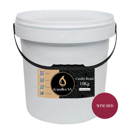 White bucket labeled 'Candle Beads 10Kg Unscented' with a wine red color swatch on a white background