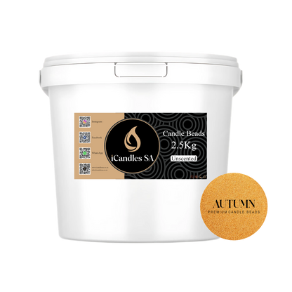 White bucket labeled 'Candle Beads 2.5Kg Unscented' by iCandles SA with an 'Autumn' label on a white background.