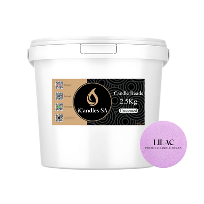 White bucket labeled 'Candle Beads' 2.5Kg with a lilac candle beads on a white background