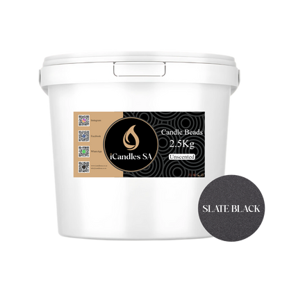 White bucket labeled 'Candle Beads 2.5Kg Unscented Slate Black' by iCandles SA on a white background.