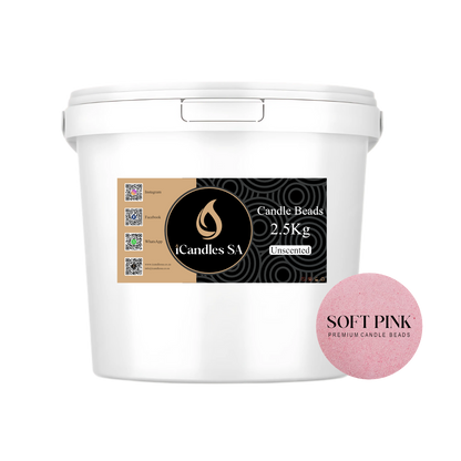 White bucket of Candle Beads with iCandles SA label and soft pink candle beads on a white background