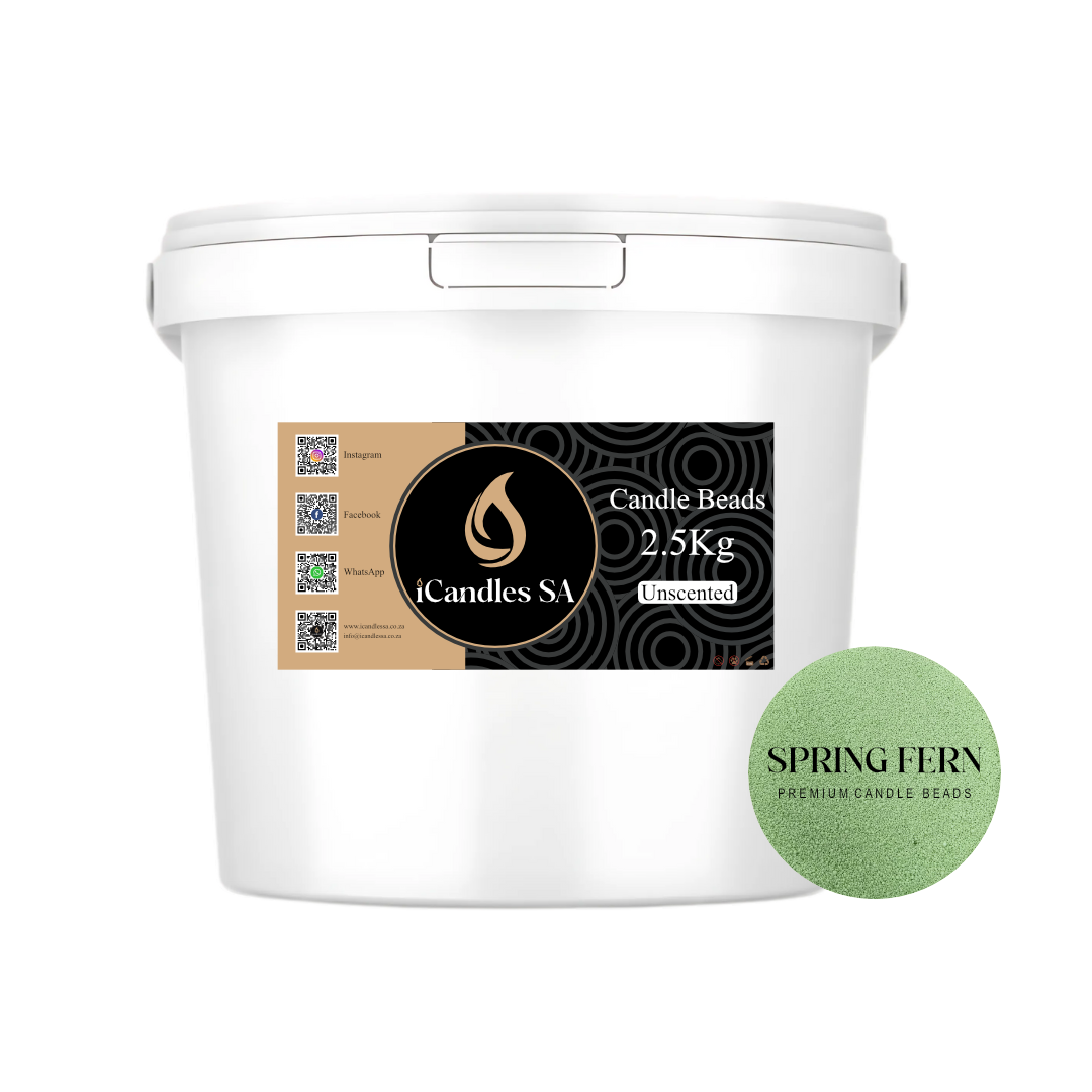 White container of candle beads 2.5kG with a label and a Spring Fern candle bead on a white background