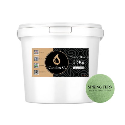 White container of candle beads 2.5kG with a label and a Spring Fern candle bead on a white background