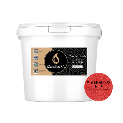 White bucket of candle beads with iCandles SA label and watermelon red bead sample on a white background