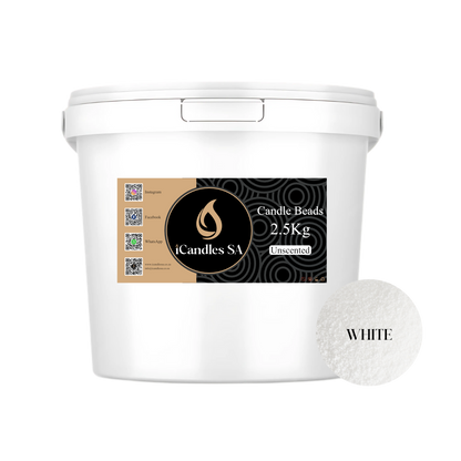 White bucket of candle beads with a label from iCandles SA on a white background