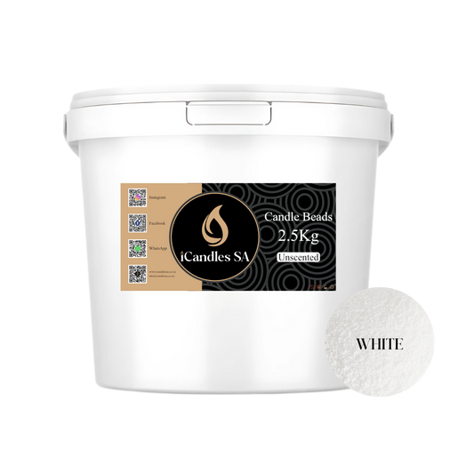 White bucket of candle beads 2.5Kg with a label from iCandles SA on a white background