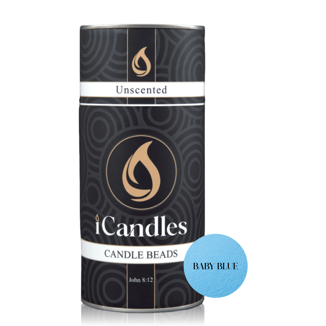 Canister of iCandles unscented candle beads with a blue label on a white background