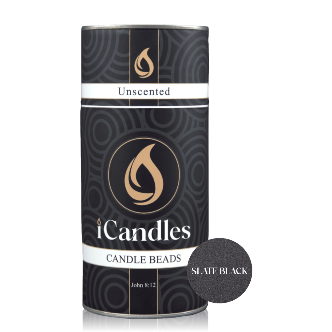 Canister of iCandles Unscented Candle Beads in Slate Black on a white background