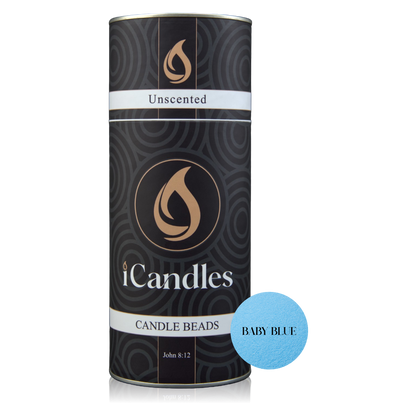 Canister of iCandles unscented candle beads with a blue label on a white background