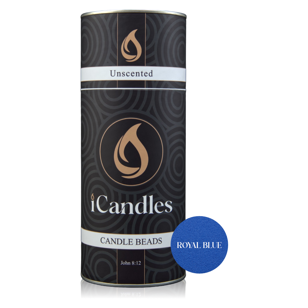 Canister iCandles unscented candle beads canister with 'Royal Blue' label on a white background