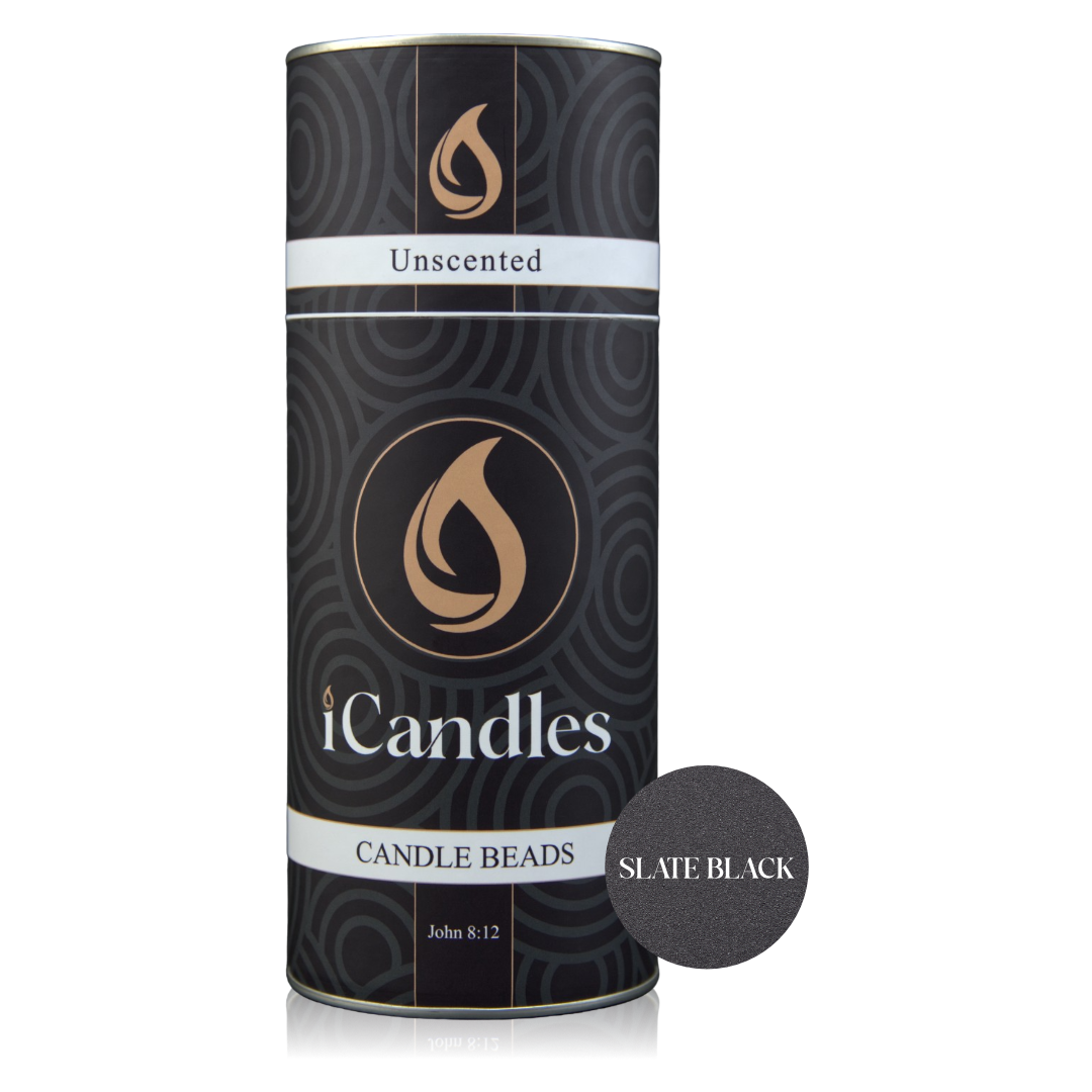 Canister of iCandles candle beads in slate black color on a white background