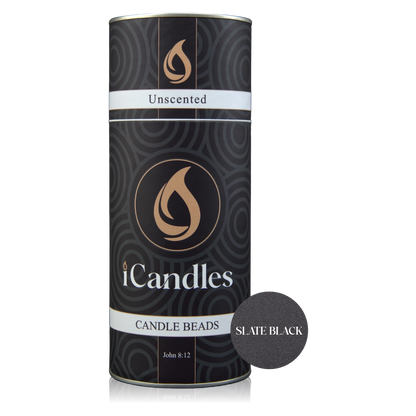 Canister of iCandles candle beads in slate black color on a white background