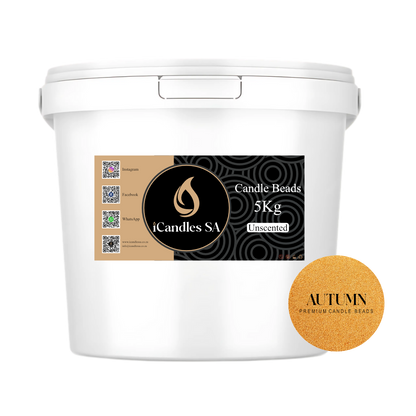 White bucket labeled 'Candle Beads 5Kg Unscented' by iCandles SA with an 'Autumn' label on a white background.