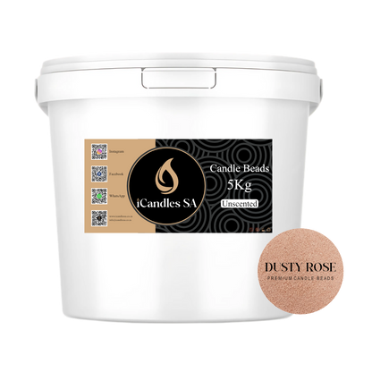 White bucket labeled 'Candle Beads 5Kg Unscented' by iCandles SA with a 'Dusty Rose' label on a white background.