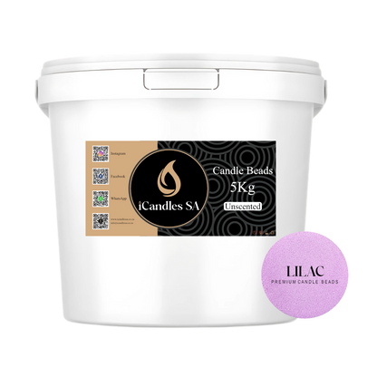 White bucket labeled 'Candle Beads 5Kg Unscented' by iCandles SA with a lilac candle beads on a white background.