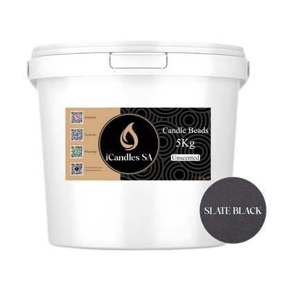 White bucket labeled 'Candle Beads 5Kg Unscented' by iCandles SA with a slate black color swatch on a white background.