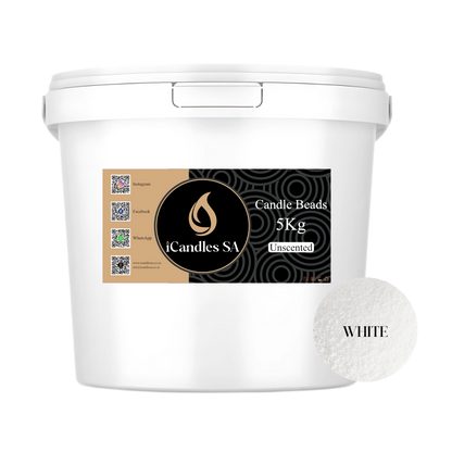 White bucket labeled 'Candle Beads 5Kg Unscented' by iCandles SA with a sample candle beads in white background.