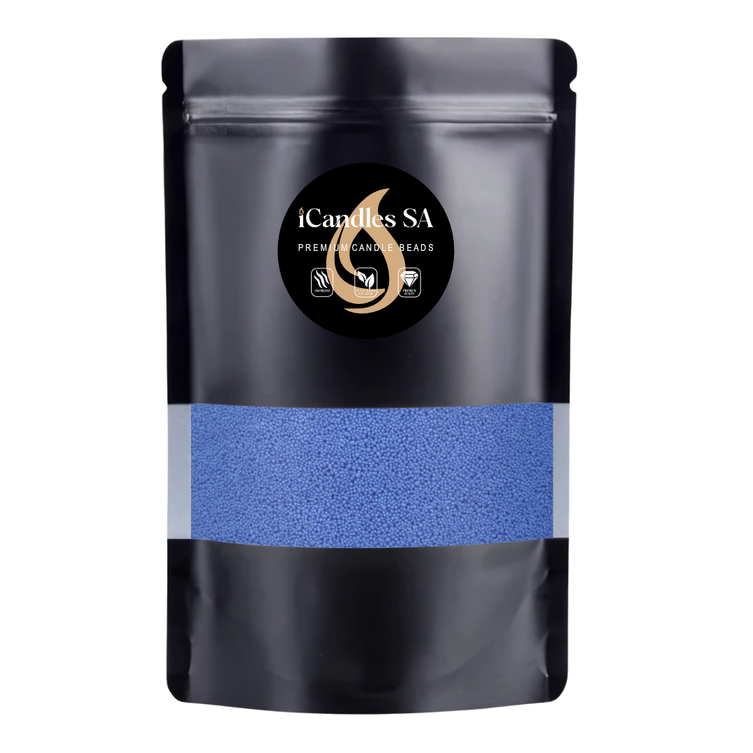 Black packaging with Royal Blue sand wax candle beads featuring iCandles SA logo on a white background