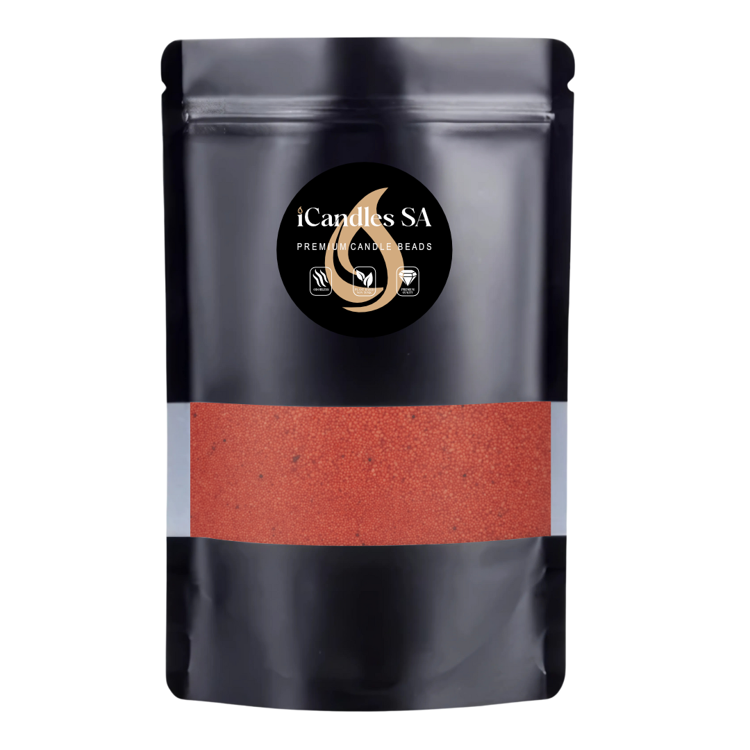 Black packaging with watermelon red sand wax iCandles SA logo on a white background