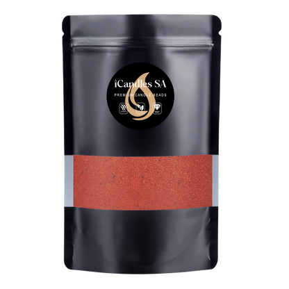 Black packaging with watermelon red sand wax iCandles SA logo on a white background